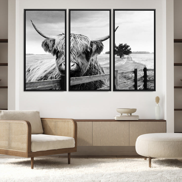 Scottish Highland Cow Wall Art | Rustic Farmhouse Décor | Black and White Ready to Hang Canvas Print
