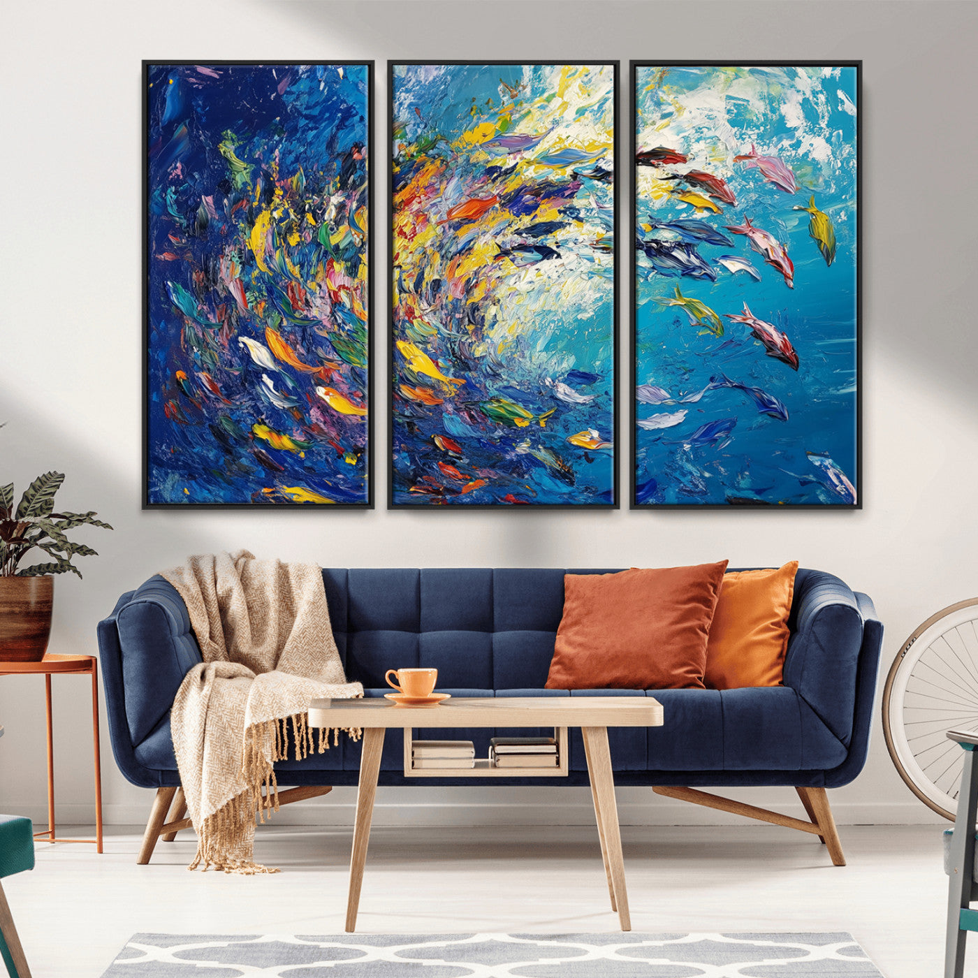 MGV-FC-48X32-3P - Colorful Swirling Fish School Wall Art Canvas Print | Oceanic Abstract Painting | Ready to Hang |
