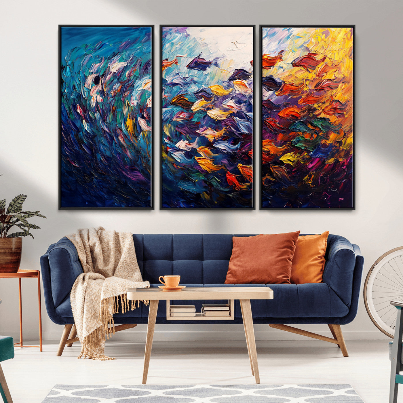 MGV-FC-48X32-3P - Vibrant Abstract Fish Swarm Art – Colorful Fish Inspired 3-Piece Canvas Wall Art for Living Room or