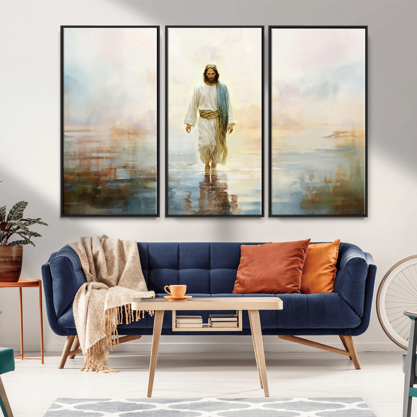 MGV-FC-48X32-3P - Framed Jesus Walking on Water Wall Art - 3-Panel Christian Canvas Prints, Religious Artwork for