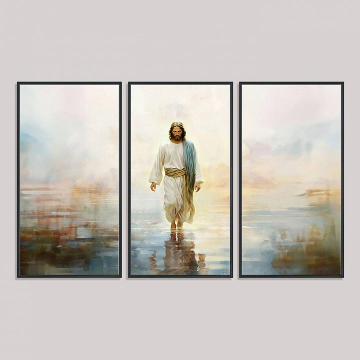 The 3-panel Framed Jesus Walking on Water Wall Art showcases a serene religious scene.