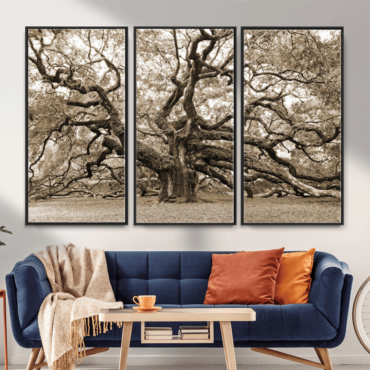 51126-MGV-CV-36X24 - Sepia Framed Angel Oak Tree Wall Art - 3-Panel Canvas Prints, Large Green Nature Artwork, Ready to