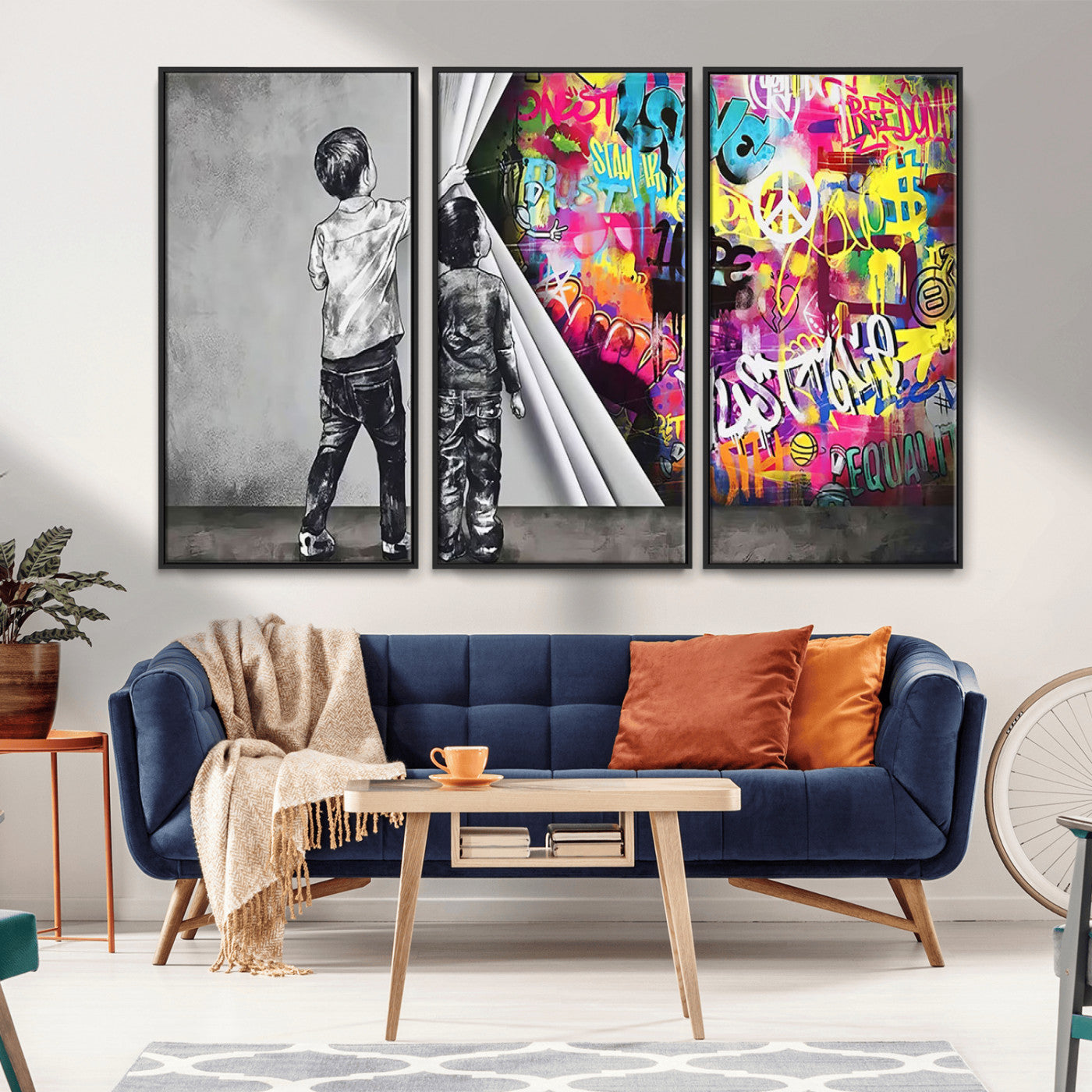 MGV-FC-48X32-3P - Banksy Print - Street Art Canvas Wall Art - Kids Revealing Graffiti, Urban Modern Decor for Living