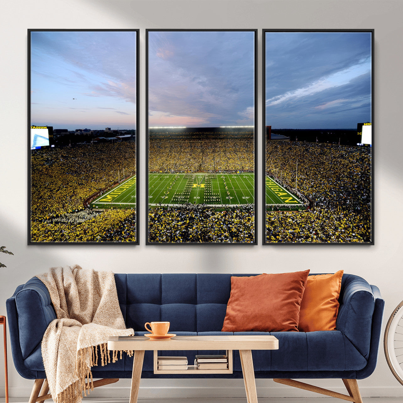 82641-MGV-FC-48X32-3P - Michigan Stadium Wall Art Canvas Print, Vibrant Game Day Crowd and Sunset Sky Football Field Artwork for Home, Office