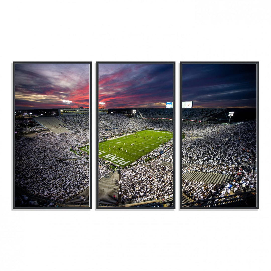 A sunset print on a canvas wall art piece captures the scene of white-clad fans at Beaver Stadium for the Nittany Lions game.