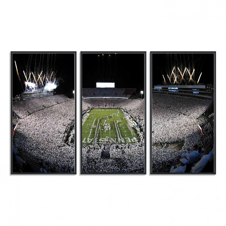 Wide-angle print of a packed stadium with fireworks, ideal gallery-quality wall art - Penn State Nittany Lions Canvas.