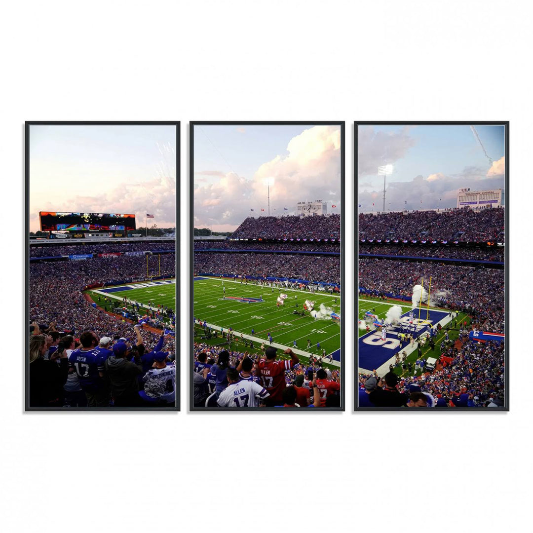 A mural of the Buffalo Bills energizes the atmosphere, capturing the excitement of a game day at Highmark Stadium, even under a cloudy sky.