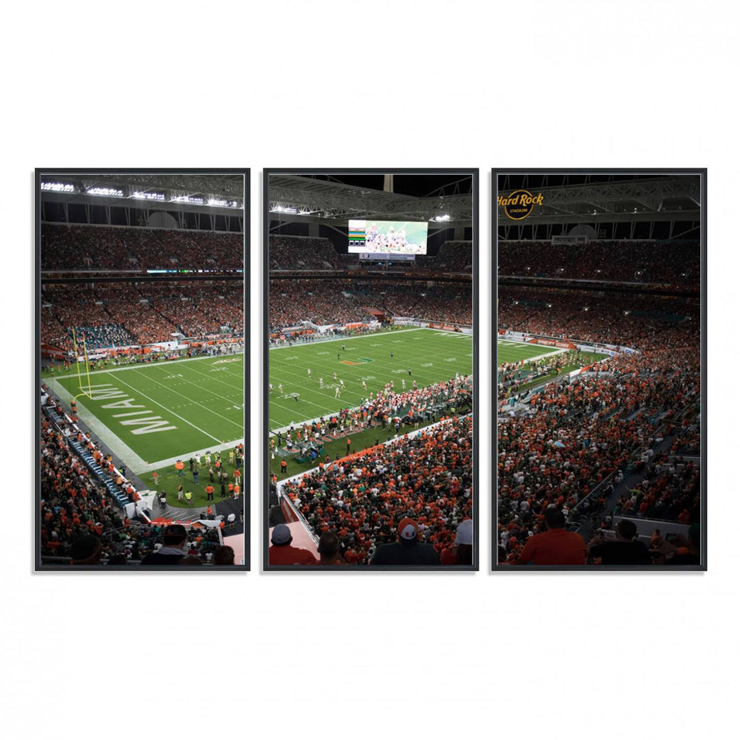 Aerial view of a Miami Hurricanes game at Hard Rock Stadium captured on canvas print, showcasing the teams on the field and fans in the stands.