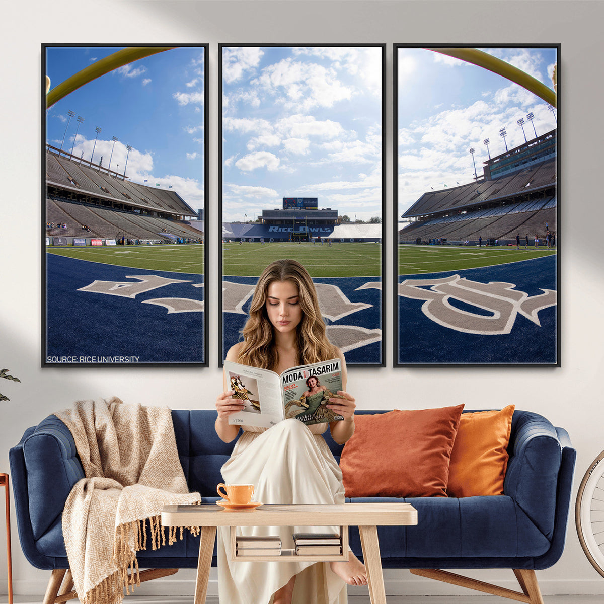50267-MGV-CV-36X24 - Rice University Owls Football Team Print, Houston Rice Stadium, Framed and Ready to Hang