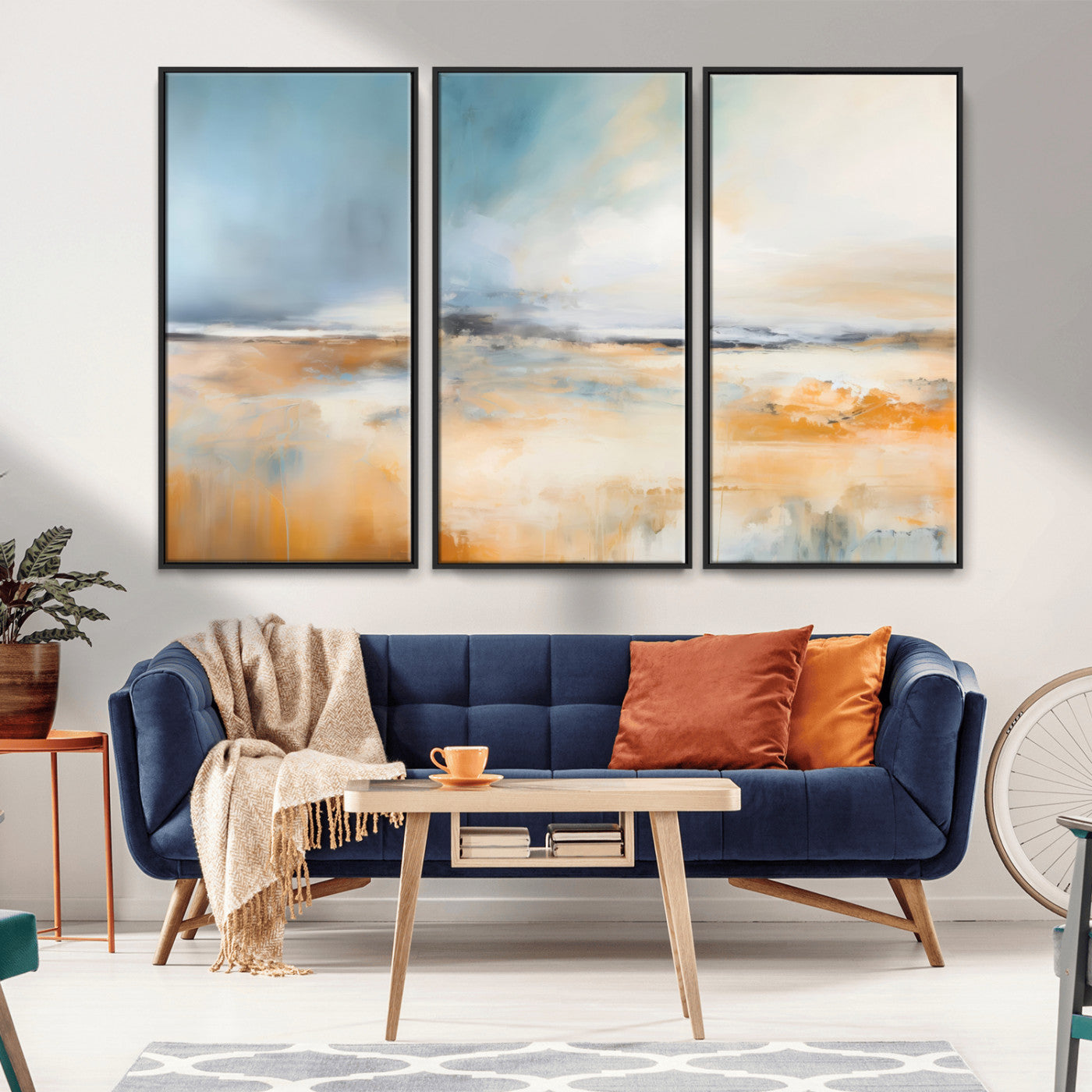 -Abstract Landscape Wall Art Canvas Print - Warm Tones of Orange and Blue, Modern Framed Art for Home