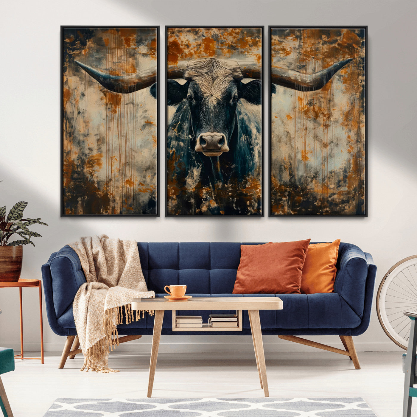 MGV-FC-48X32-3P - Abstract Longhorn Bull Wall Art | Rustic Western Wall Decor | Framed and Ready to Hang | Ideal for
