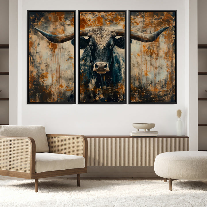 Abstract Longhorn Bull Wall Art | Rustic Western Wall Decor | Framed and Ready to Hang | Ideal for Farmhouse, Lodge, and Barn Decor