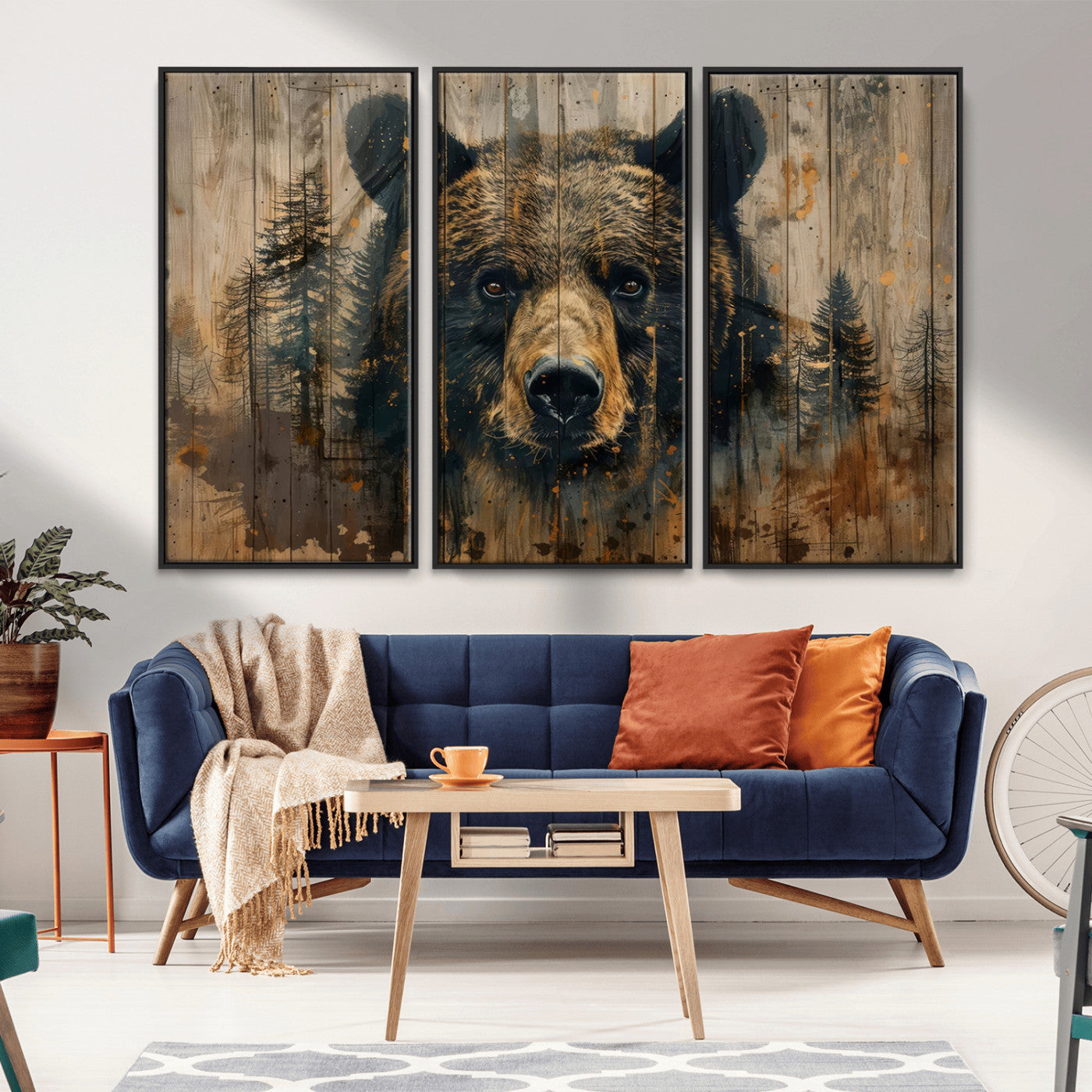 MGV-FC-48X32-3P - Abstract 399 Bear Wall Art | Rustic Cabin Wall Decor with Forest Design | Framed and Ready to Hang |