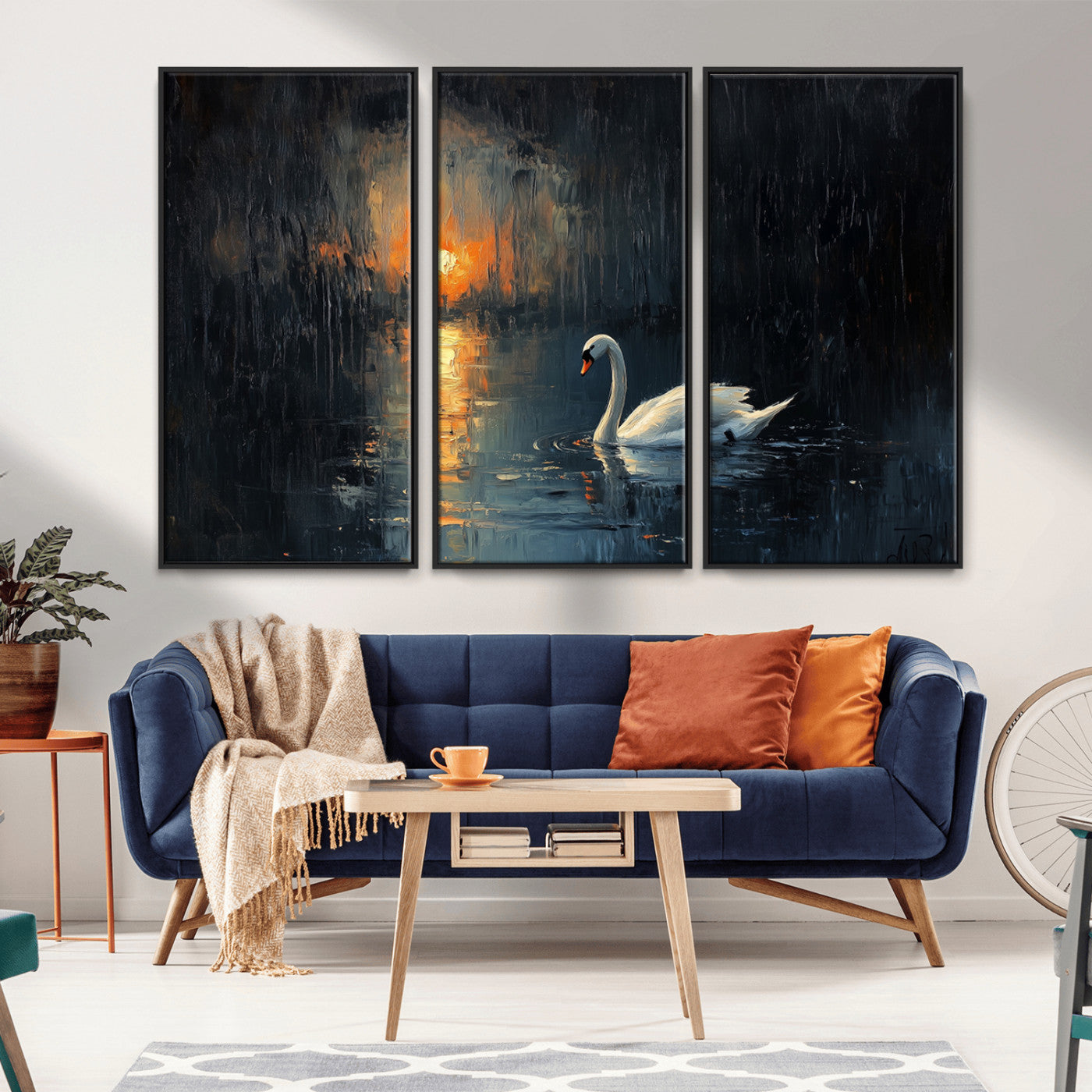 MGV-FC-48X32-3P - Abstract Swan on Water Wall Art Canvas Print - Elegant Nature Scene for Modern Home Decor