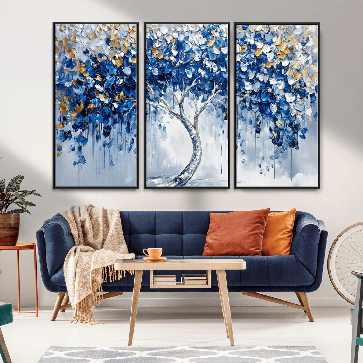 MGV-FC-48X32-3P - Blue and Gold Abstract Tree Wall Art Canvas Print | Modern Tree of Life Painting | Framed Canvas