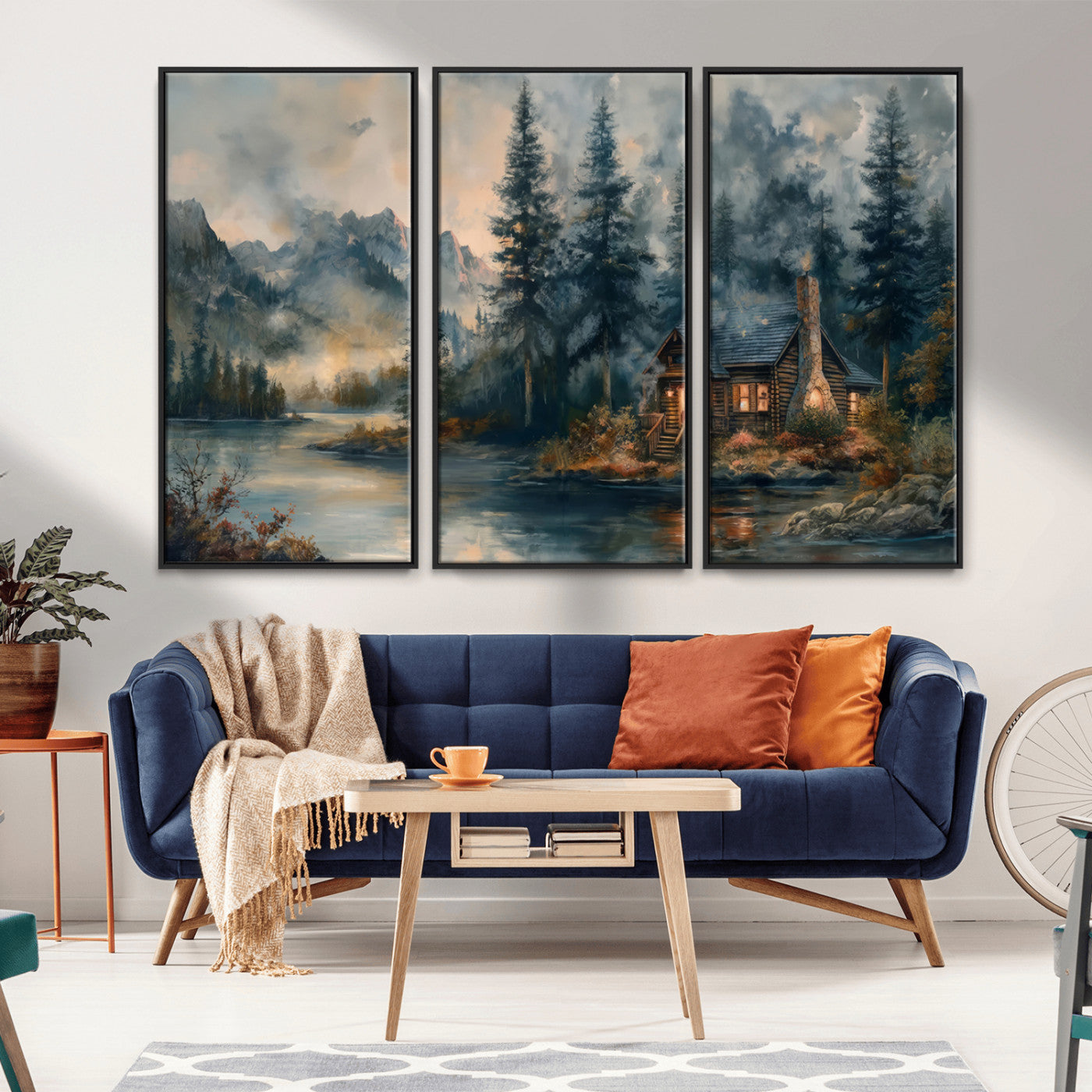 MGV-FC-48X32-3P - Rustic Cabin Woods Wall Art Print | Lake in a Forest Canvas Print | Cabin, Lodge, and Farmhouse
