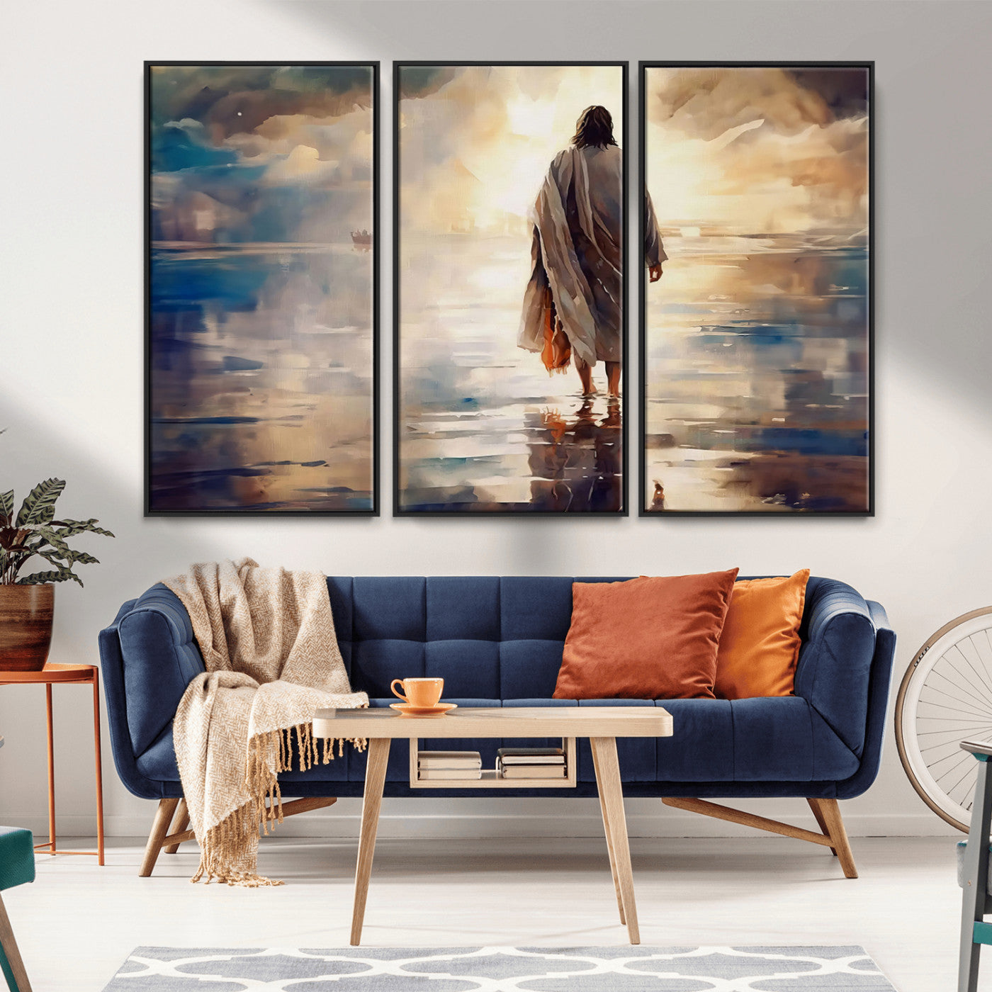 MGV-FC-48X32-3P - Jesus Walking on Water Wall Art | Ready to Hang Spiritual Triptych Canvas Print | Inspirational