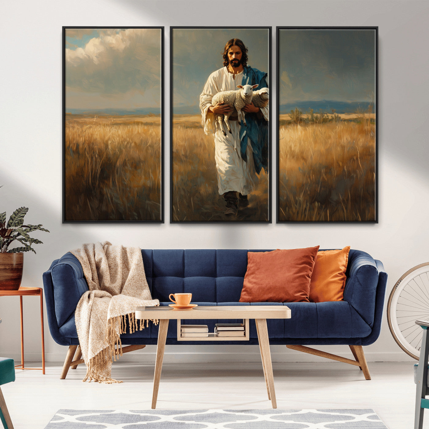 MGV-FC-48X32-3P - Jesus Shepherd Wall Art | Ready to Hang Triptych Canvas of Jesus Holding a Lamb in a Field |