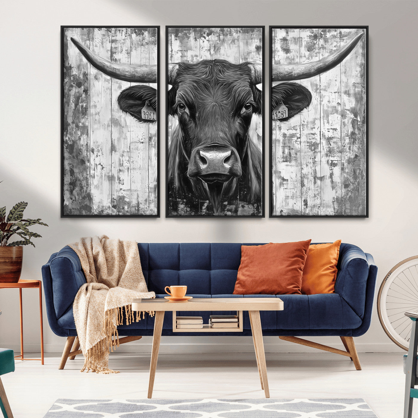 MGV-FC-48X32-3P - Abstract Longhorn Bull Wall Art Canvas Print - Rustic Texas Western Cow Artwork