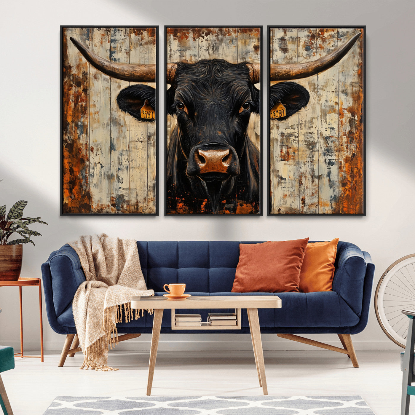 MGV-FC-48X32-3P - Rustic Texas Artwork Wall Art Canvas Print - Abstract Cow Longhorn Bull Wall Art Canvas Print