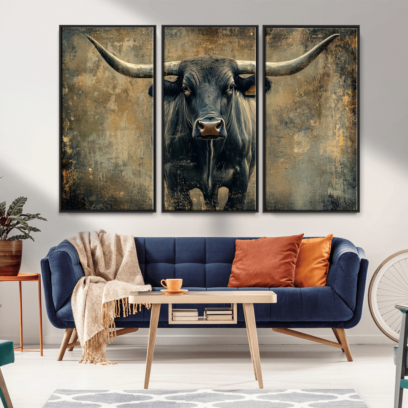 MGV-FC-48X32-3P - Longhorn Bull Wall Art Canvas Print, Framed Rustic Cow Art Picture Print, Texas Longhorn Perfect Western Decor Artwork