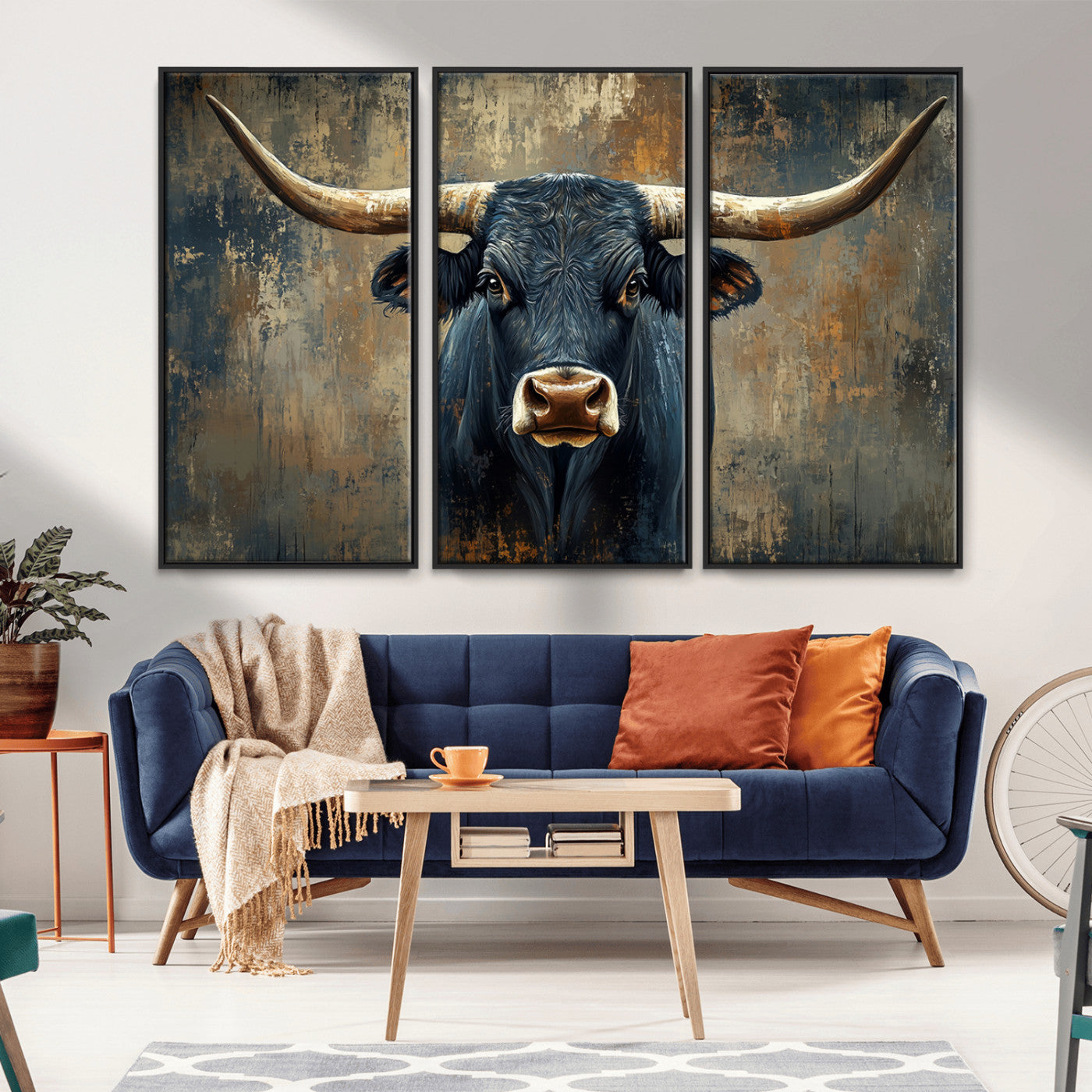 MGV-FC-48X32-3P - Texas Western Wall Art Canvas Print - Abstract Cow Longhorn Bull Wall Art Canvas Print - Rustic Cow