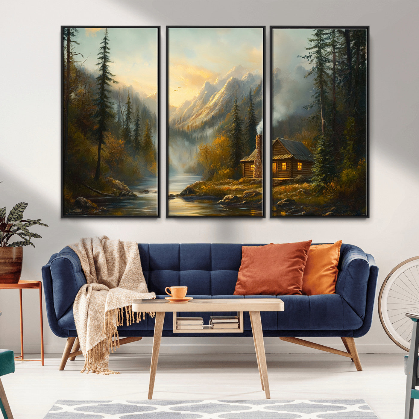 MGV-FC-48X32-3P - Wood Cabin Retreat Mountain at Sunset Wall Art Print - Serene Forest and River Landscape Wall Art