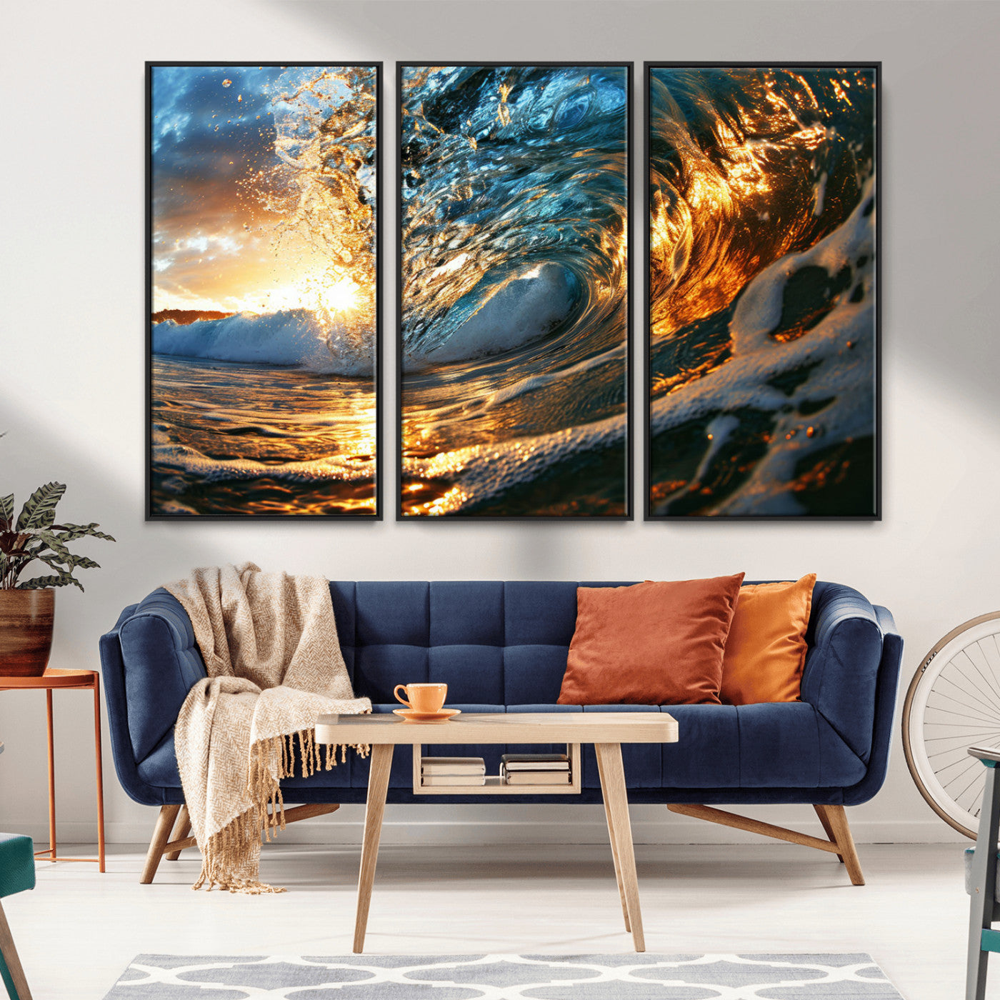 MGV-FC-48X32-3P - Ocean Wave at Sunset Canvas Wall Art – Vibrant Coastal Beach Waves Print, Large Nautical Decor,