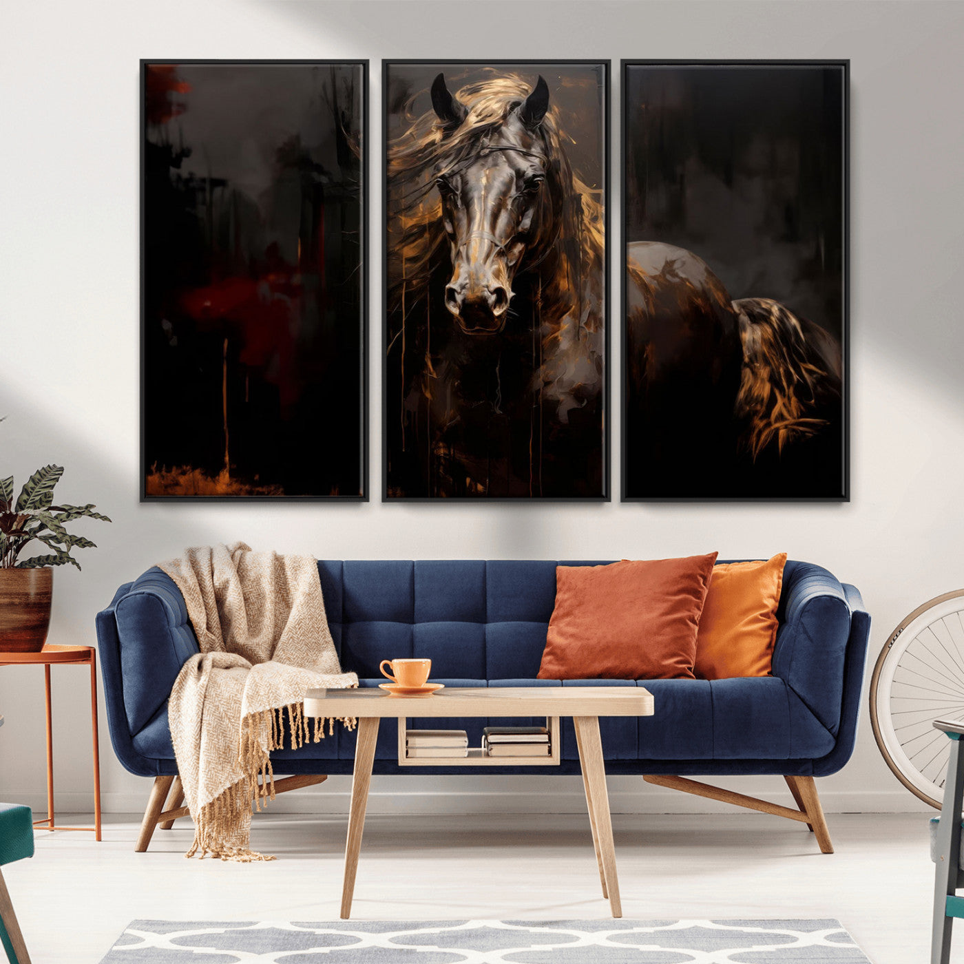 MGV-FC-48X32-3P - Abstract Black Horse Canvas Print for Farmhouse Wall Art | Abstract Equine Wall Art | Western Decor