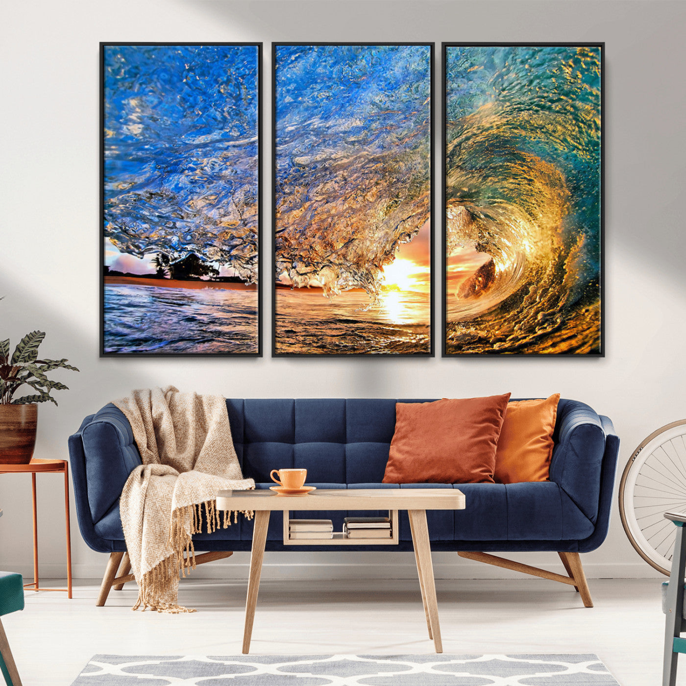 MGV-FC-48X32-3P - Ocean Wave at Sunset Canvas Wall Art – Vibrant Coastal Beach Waves Print, Large Nautical Decor,