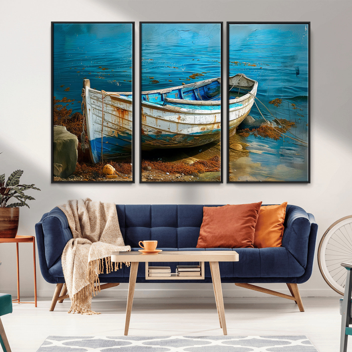 MGV-FC-48X32-3P - Vintage Boat on Tranquil Waters | Coastal Wall Art for Nautical Decor | Rustic Triptych Canvas Print
