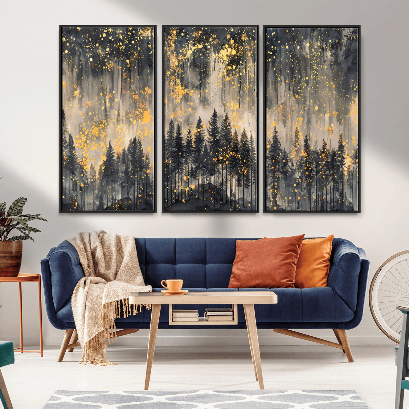 MGV-FC-48X32-3P - Golden Forest Abstract Wall Art | Dark Forest with Gold Splatter Accents | Triptych Ready to Hang