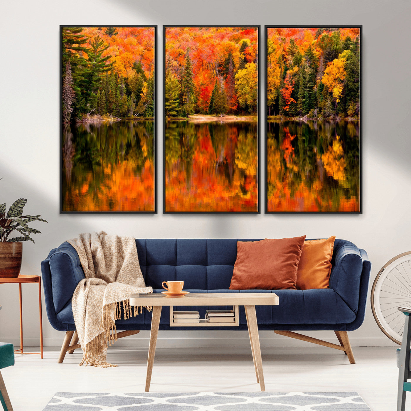 MGV-FC-48X32-3P - Forest Reflection Art | Autumn Forest Reflection Wall Art | Triptych Canvas Print | Vibrant Fall