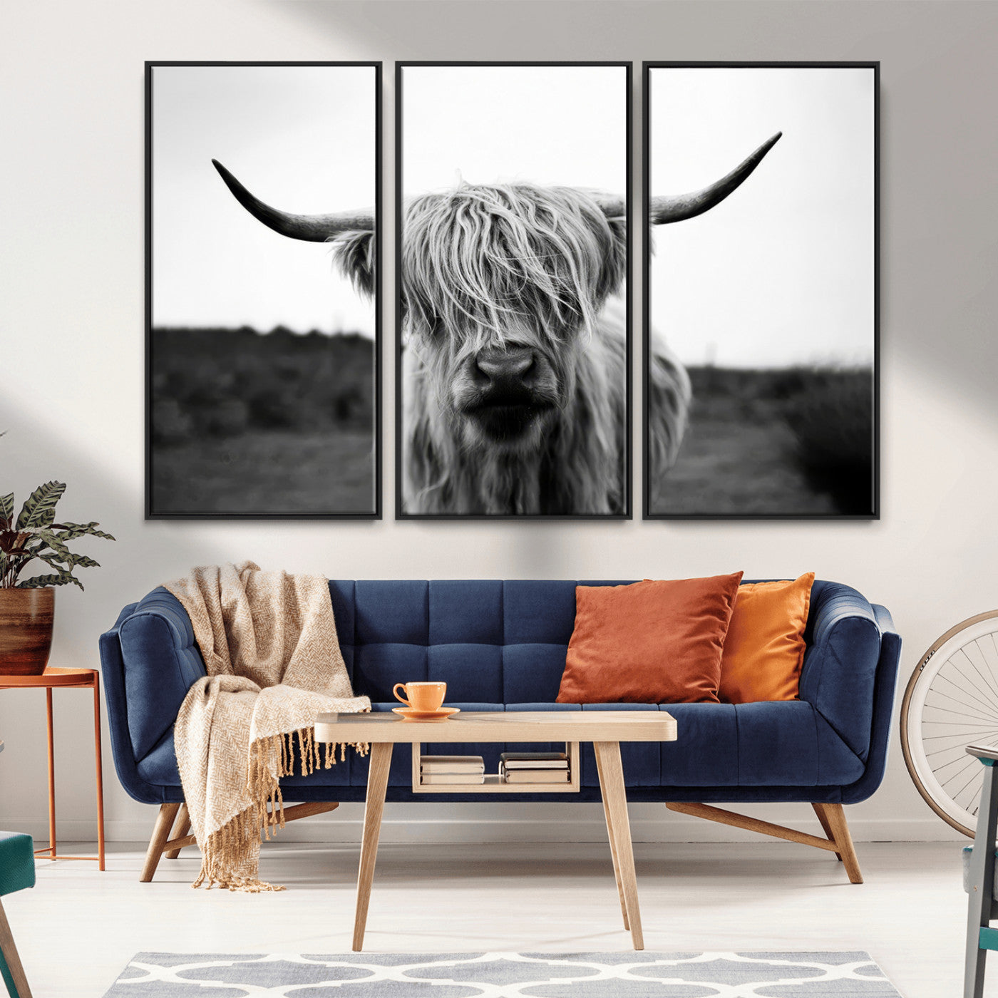 MGV-FC-48X32-3P - Highland Cow Wall Art | Black and White Farmhouse Decor | Triptych Canvas Print | Rustic Barn Decor