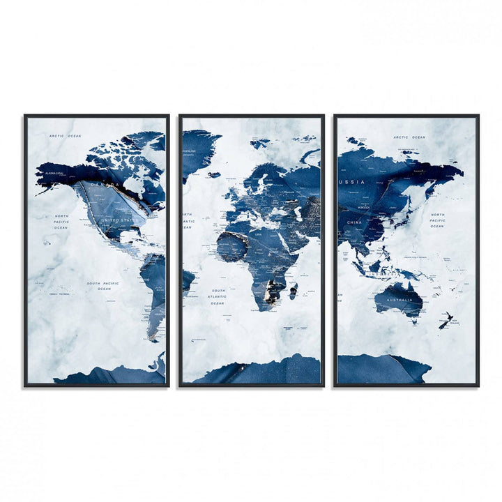 Navy Blue World Map with Antarctica Canvas: A perfect abstract home decor piece featuring a grunge-stained background.