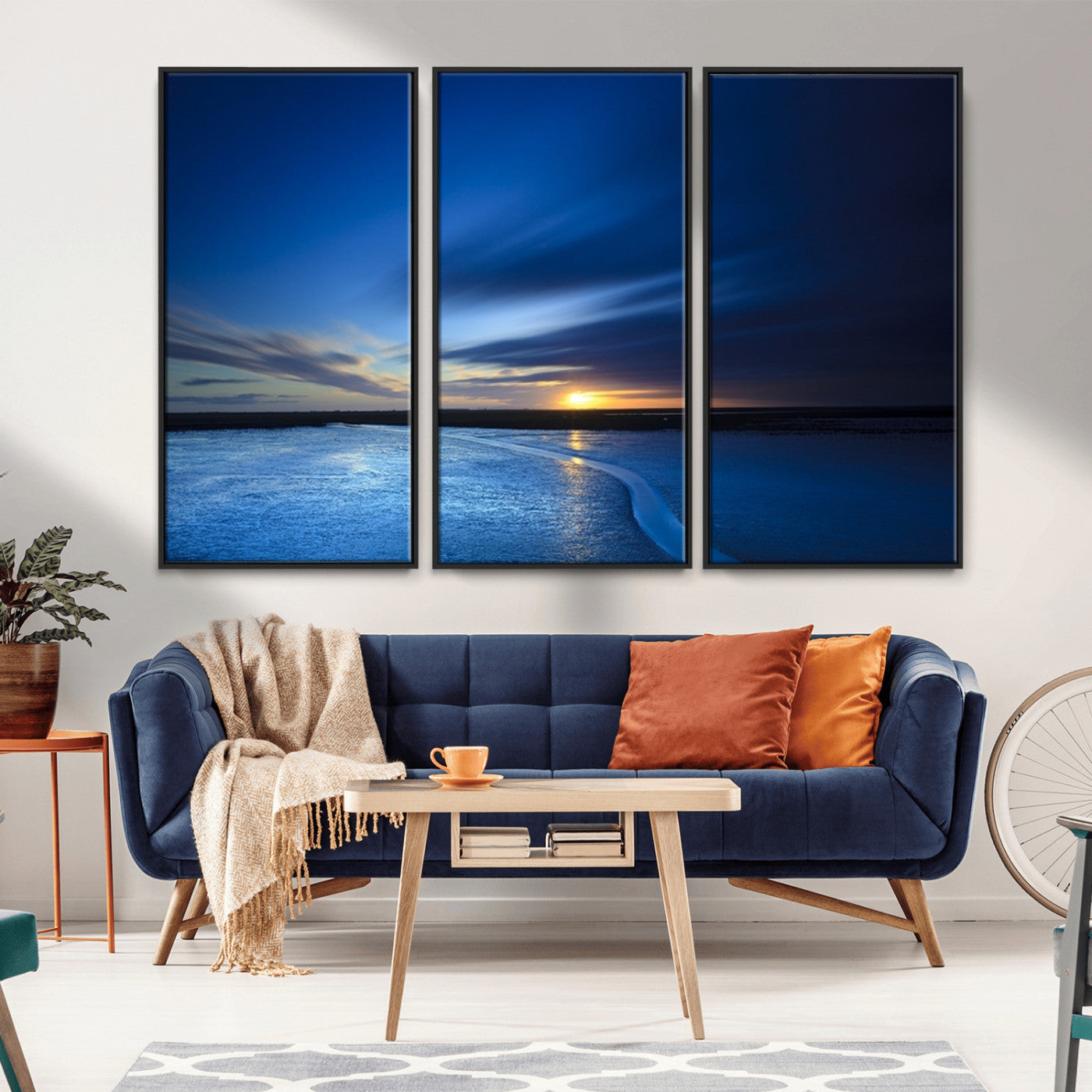 MGV-FC-48X32-3P - Blue Sunset Ocean Canvas Wall Art Print – Serene Coastal Horizon Wall Decor for Home or Office –