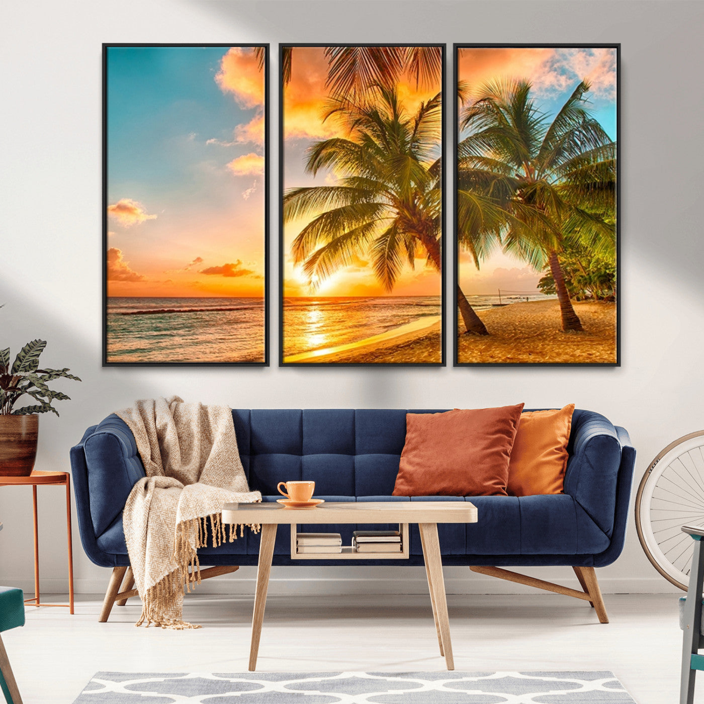 MGV-FC-48X32-3P - Tropical Sunset Beach Canvas Wall Art Print – Vibrant Palm Trees and Coastal Sunset Wall Decor for