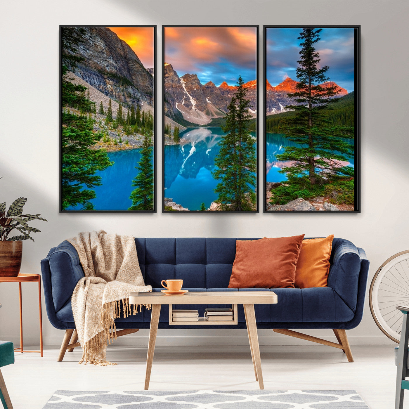 MGV-FC-48X32-3P - Canadian Rockies Moraine Lake Wall Art Canvas Print, Pine Trees Mountain Spring Canvas Print