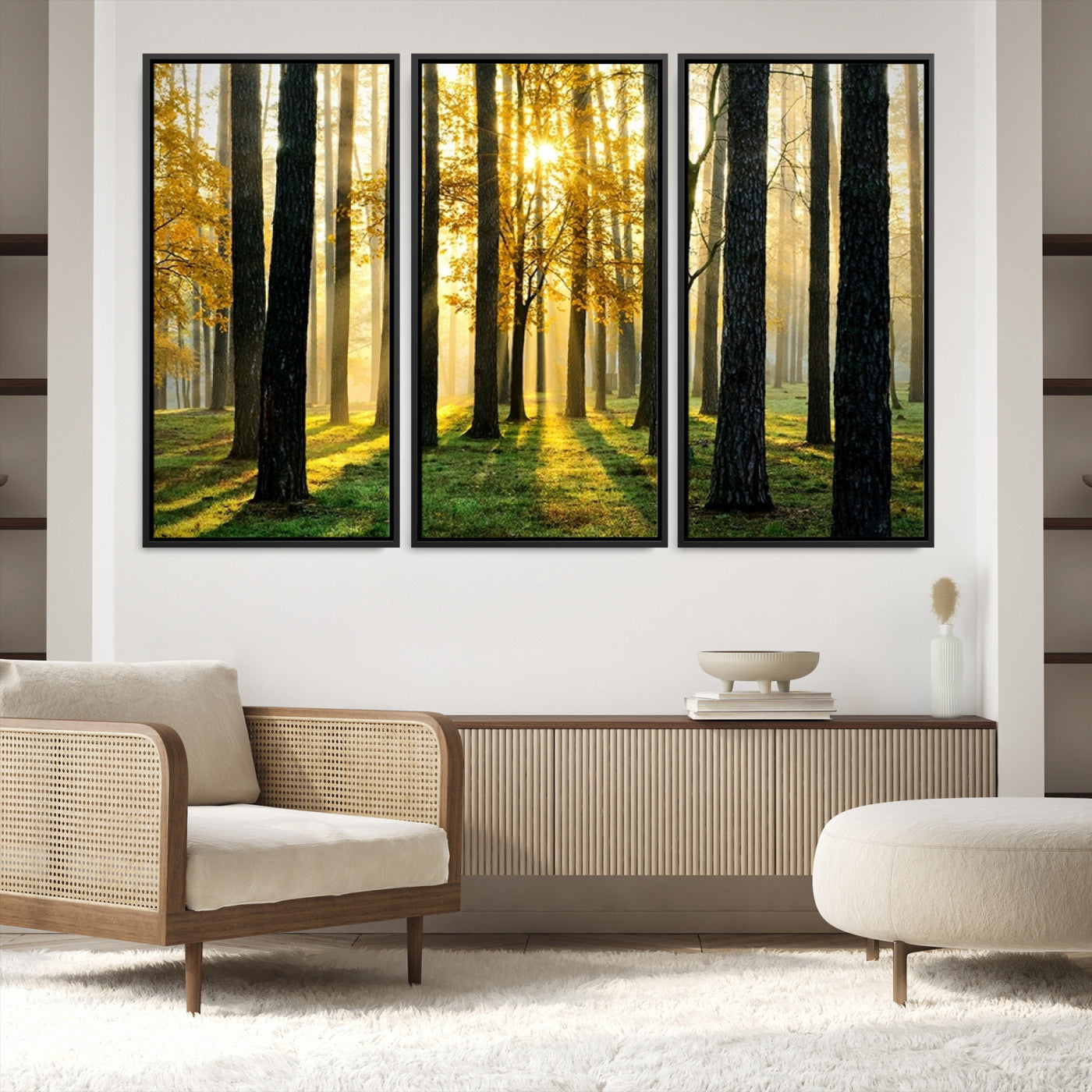 60024-MGV-FC-48X32-3P_Black-Sunlit Forest Wall Art Canvas Print - Large Framed Woodland Wall Art for Home or Office Decor, Rustic Nature Scene with Golden Light
