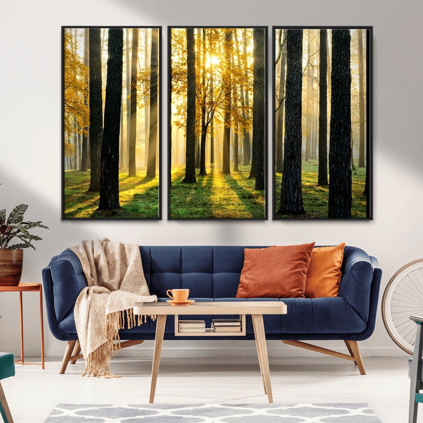 MGV-FC-48X32-3P - Sunlit Forest Canvas Wall Art – Serene Woodland Triptych Landscape Print – Nature-Inspired Decor for