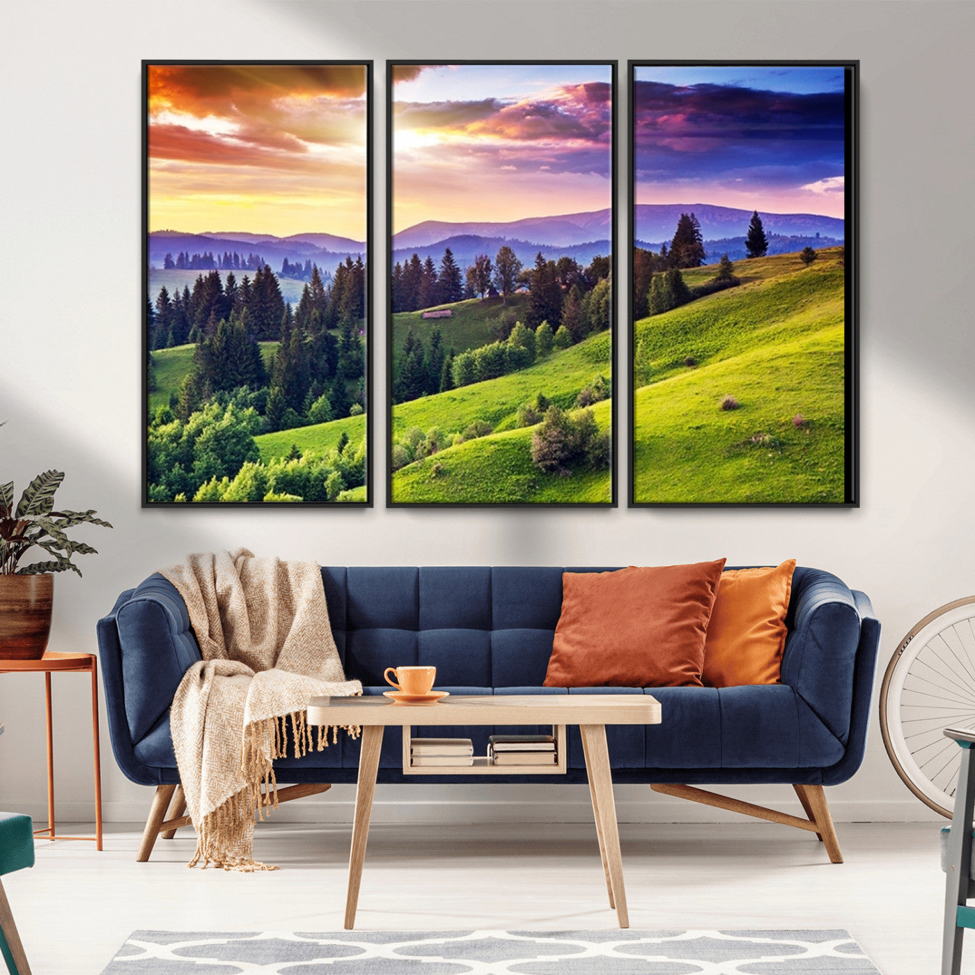 MGV-FC-48X32-3P - Green Hills and Sunset Wall Art Print - Scenic Landscape with Lush Greenery and Vibrant Sky, Ready