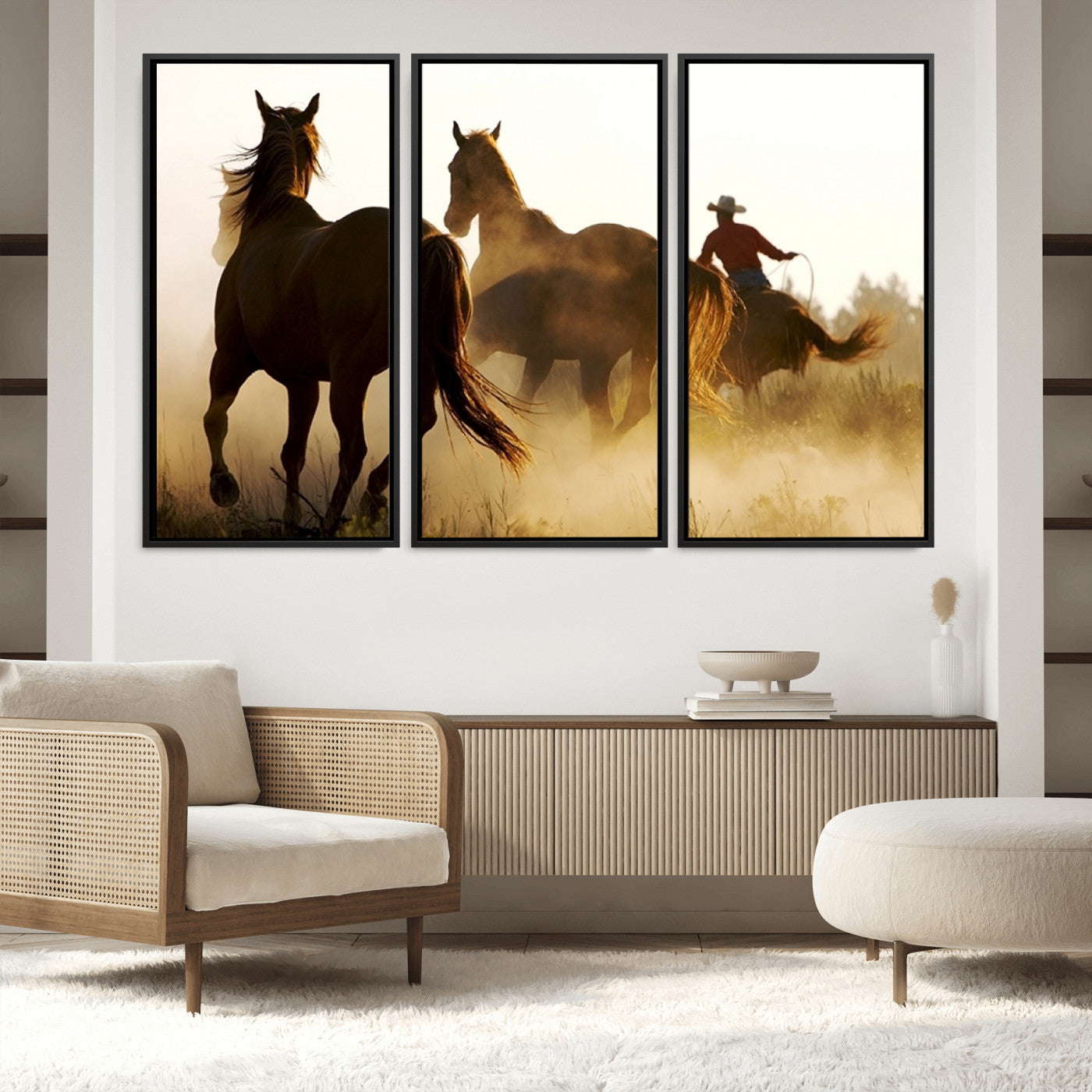 49068-MGV-FC-48X32-3P_Black-Horses and Cowboys Wall Art Canvas Print
