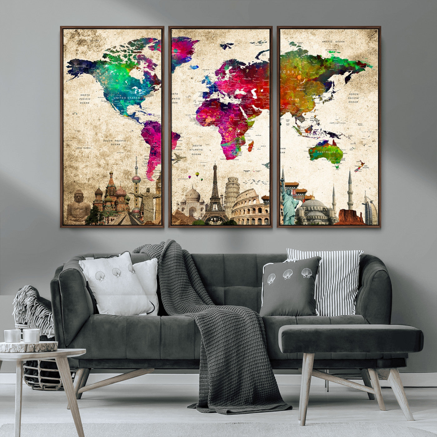 MGV-FC-48X32-3P - Push Pin World Map Canvas Print – Framed Wall Art for Couples to Track Their Travels – Anniversary