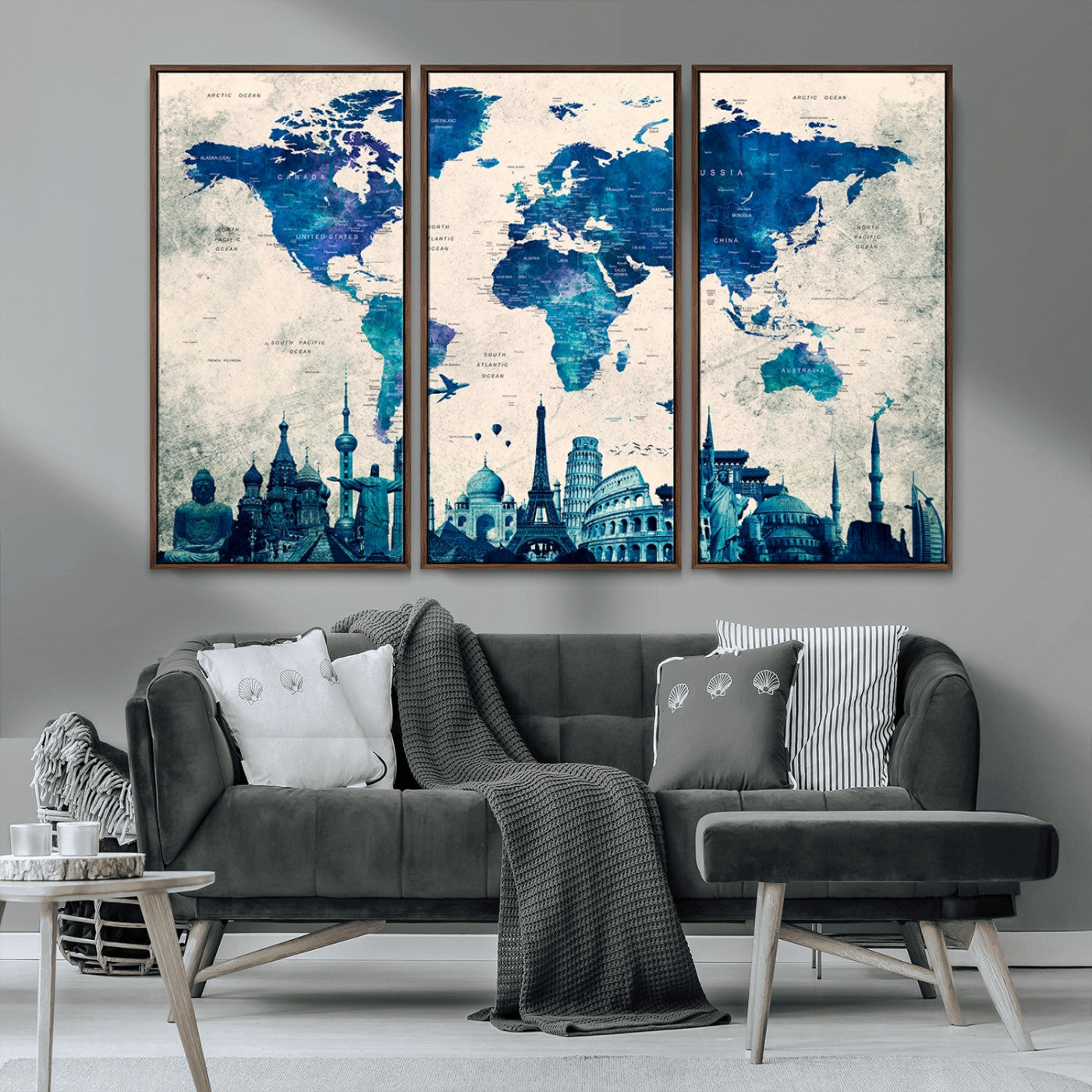 MGV-FC-48X32-3P - Navy Blue World Map Canvas Print, Wonder of World Map Push Pin Canvas Print