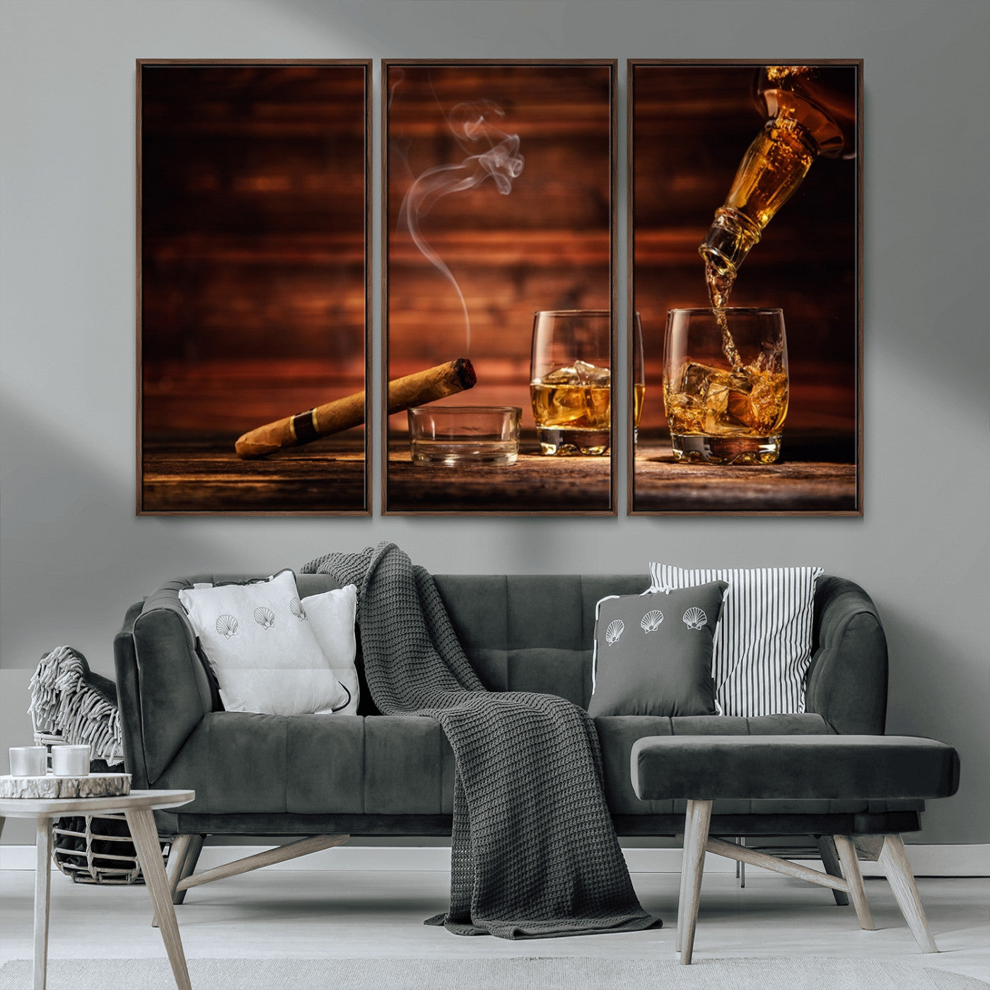 MGV-FC-48X32-3P - Whiskey and Cigar Wall Art Canvas | 3 Panel Bar Room Decor for Home Lounge, Office, or Man Cave |