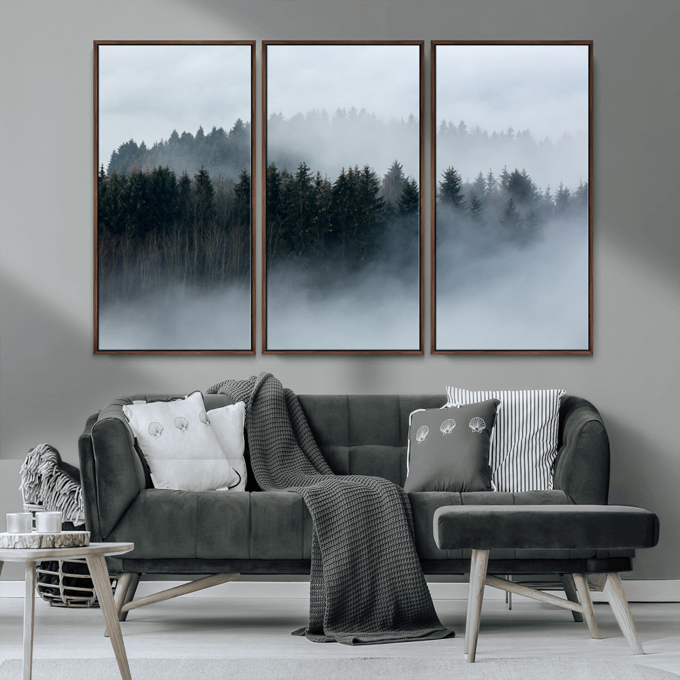 MGV-FC-48X32-3P - Autumn and Misty Trees in the Forest Wall Art Canvas Print, Foggy Forest Mountain Wall Art Canvas