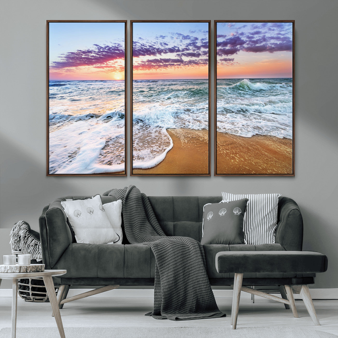 MGV-FC-48X32-3P - Coastal Sunset Art Beach Canvas Wall Art Print | Ocean Waves Wall Art | Large 3-Panel Seascape for