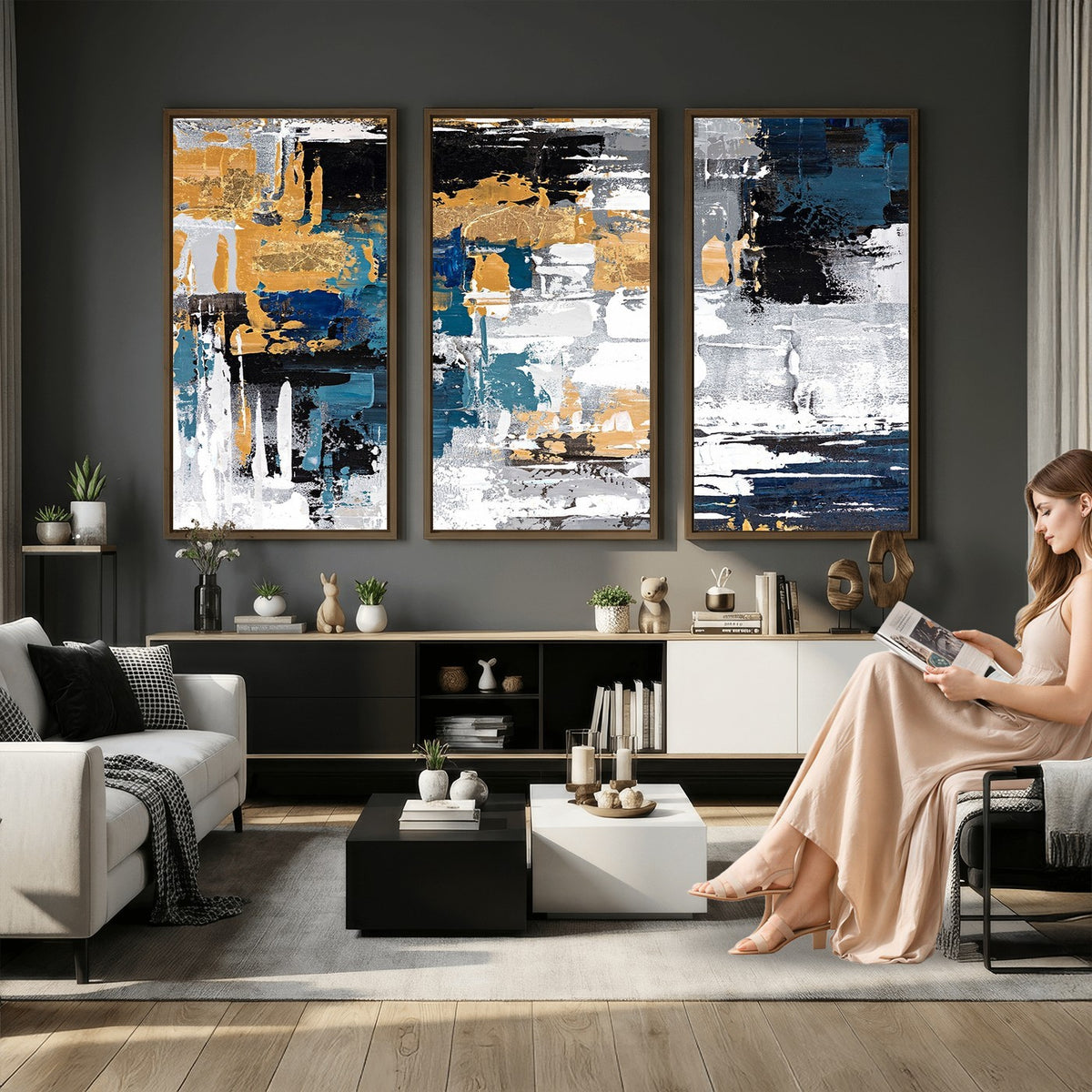 57708-_Poster-30x20 - Blue and Gold Abstract Canvas Wall Art | Triptych Modern Art Print