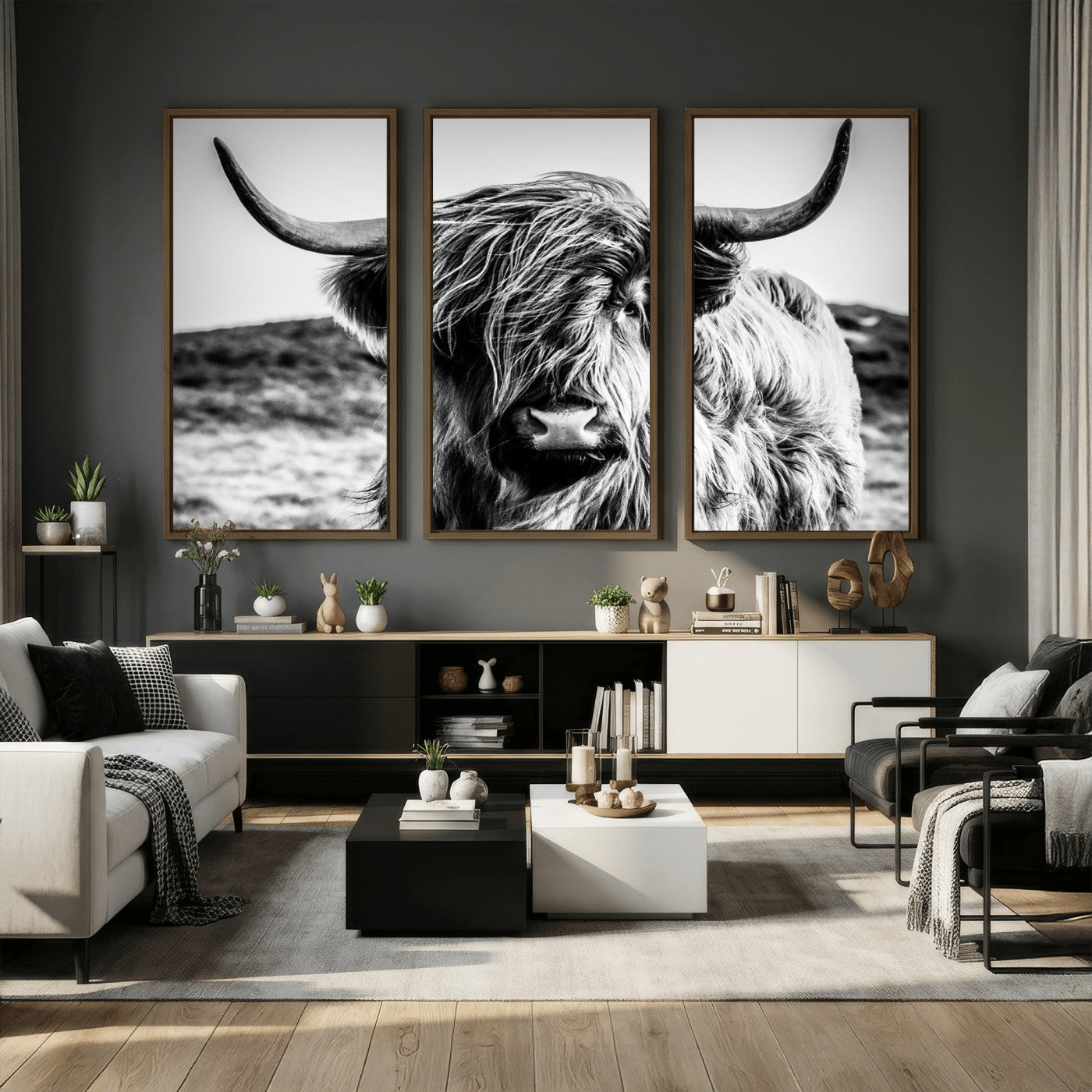 54309-MGV-CV-36X24 - Black and White Scottish Cow Canvas Wall Art Highland Cattle Canvas Print Framed Ready to Hang Original Cotton Canvas High Quality Image Multi Panel Wall Art Printable Artwork for Walls