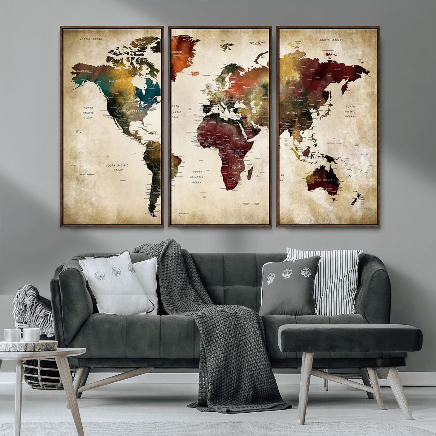 MGV-FC-48X32-3P - Large World Map Wall Art Canvas Print, Framed Push Pin Map Art Picture Print, Abstract Traveller Map Perfect Modern Decor Artwork
